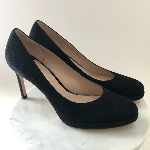 Stuart Weitzman Black Suede Almond Toe Platform Pumps - Picture 1 of 15